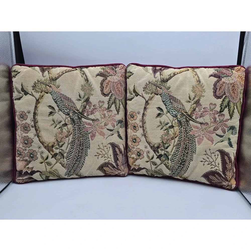 Tapestry Throw Pillows 12x12 Burgundy Good Peacock humming bird Floral Velvet